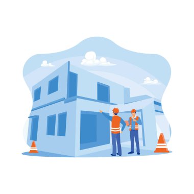 Civil engineers and supervisors are on a commercial building construction site. Engineer using the laptop to check building design. Experts inspect retail building construction site concepts. Trend Modern vector flat illustration