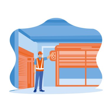 Chief engineer wearing safety helmet and vest standing at real estate construction project. Close automatic roller doors before leaving work. Experts inspect commercial building construction site concepts. trend flat vector modern illustration
