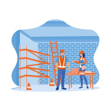 An architect and engineer with a laptop monitor the progress of building a house project. Real estate projects with civil engineers. Experts inspect commercial building construction site concepts. trend flat vector modern illustration
