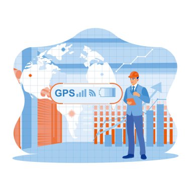 Business people use digital tablets with modern creative telecommunications and internet networks. A GPS navigation map and wifi technology icon. Telecommunication and Internet in smart city concept. Trend Modern vector flat illustration