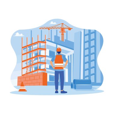 Engineer wearing the vest and hard hat standing at the construction site. Surveying multi storey building sites. Building construction sites concept. Trend Modern vector flat illustration