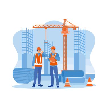 Structural engineers and architects wearing orange vests and safety helmets at a building construction site. Discuss the construction process over the phone and using a tablet at the building site. Building construction sites concept. trend flat vect
