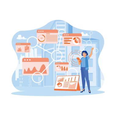 Women are working online with financial technology icons appearing on smartphone screens. Standing against the backdrop of a faint smart city. Telecommunication and Internet in smart city concept. Trend Modern vector flat illustration