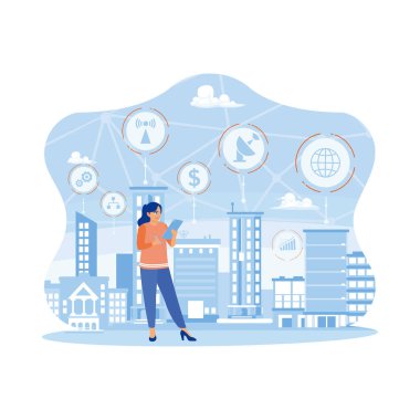 Young woman standing on smart city background. Using a smartphone with 5G wireless digital connection concept and future Internet. Telecommunication and Internet in smart city concept. Trend Modern vector flat illustration