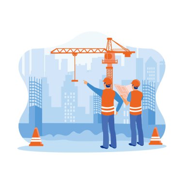 Civil engineer standing on a construction site near a crane. Holding construction plans and inspecting work at the construction site. Construction site engineer concept. Trend Modern vector flat illustration