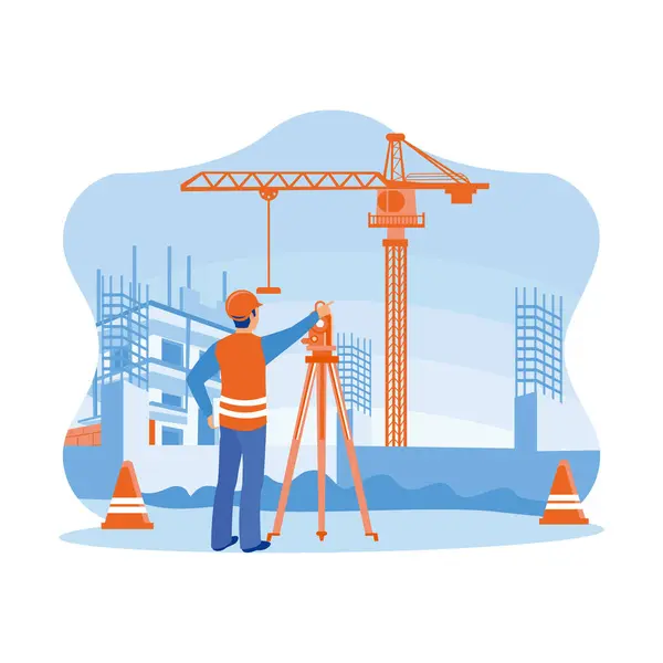 Survey Engineer Working Using Theodolite Construction Site Surveying Create Contour — Stock Vector