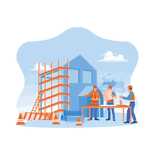Three construction experts inspect the construction of a real estate project. Civil engineers, architects, business investors and general staff are discussing details of building plans. Experts examine commercial building construction site concepts. 