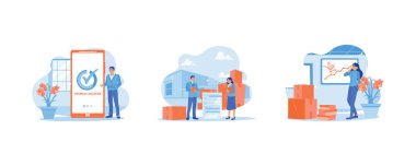 Çevrimiçi ödeme yap. Siparişleri ve müşteri adreslerini onaylıyorum. İş ürünlerini evde tanıt. Doğrulama Emri. Düz vektör illüstrasyonunu ayarla.