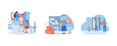 Satıcıyla siparişi doğrulayın. Ürün fotoğrafları çek. Paket kutusu taşıyan bir kurye. Doğrulama Emri. Düz vektör illüstrasyonunu ayarla.