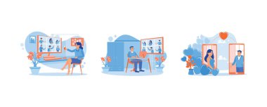 Sanal parti. Video konferansı çevrimiçi toplantısı. Uzun mesafeli ilişkiler. Sanal İlişkiler konsepti. Düz vektör illüstrasyonunu ayarla.