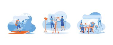 İçerik Yaratıcı konsepti. Dağlara giderken bir video çekiyorum. Yemek içeriği. İki adam podcast yapıyor. Düz vektör illüstrasyonunu ayarla.