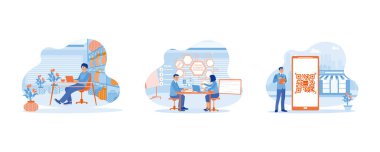 Esnaf dükkanından hisse alımı. UX geliştiricisi ve UI tasarımcısı fikir alışverişinde bulundu. QR kod tarayıcılı dijital akıllı telefon. Dijital iş konsepti. Düz vektör illüstrasyonunu ayarla.