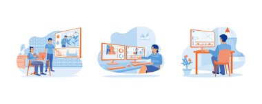 Video düzenleyici konsepti. Belgesel video renk düzeltmesi. Film montajları işleniyor. Stüdyoda video montajı yapıyordum. Düz vektör illüstrasyonunu ayarla.