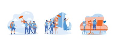 Film yapım sürecinin perde arkasında. Dışarıdan ve içeriden fotoğraf çek. Görüntü yönetmeni Mars sahnesini çekti. Düz vektör illüstrasyonunu ayarla.