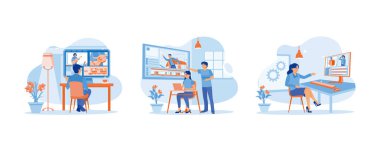 Video düzenleyici konsepti. Onlar bir filmin post-prodüksiyonu üzerinde çalışıyorlar. Birbirinize video düzenleme için bilgi verin. Video düzenleyici sonuçları kontrol eder. Düz vektör illüstrasyonunu ayarla.