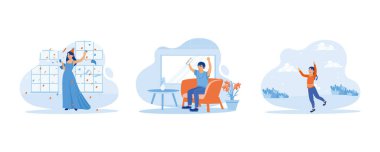 Kutlama konsepti. Doğum gününü kutlayan kadın. Cep telefonundan mutlu haberler al. Mutlu kızım. Düz vektör illüstrasyonu.