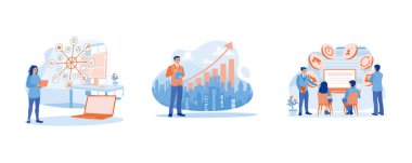 Dijital iş konsepti. Sanal simge diyagramı. Dijital tablet kullanan bir adam. Takımlar dijital cihazlar kullanarak tartışırlar. Düz vektör illüstrasyonu.