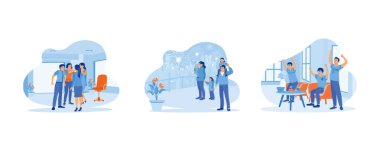 Kutlama konsepti. İş ekibi başarıyı kutluyor. Yeni yılı kutlarken ve tezahürat yaparken futbol izlerken mutlu ol. Düz vektör illüstrasyonu.