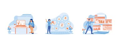 İş analizi konsepti. Bir kadın muhasebeci dizüstü bilgisayarın yanında oturmuş, pazarlama ikonları sunuyor ve iş verilerini analiz ediyor. Düz vektör illüstrasyonu.