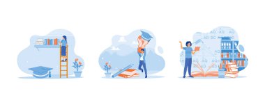 Eğitim konsepti. Eğitim süreci konsepti. Yenilikçi öğrenme konsepti. Matematiksel formüller üzerinde çalışıyorum. Düz vektör modern illüstrasyonunu ayarla