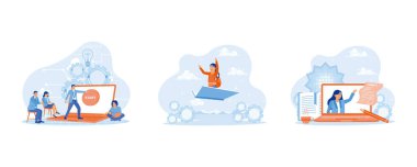 Bilgisayarın önünde dur ve başlama düğmesine bas. Kitapların üzerinde uçan kızlar. Uzaktan eğitim kavramı. Eğitim konsepti. Düz vektör modern illüstrasyonunu ayarla