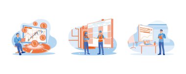 Mali kontrol sahneleri konsepti. Yüzen Altın Para. Endüstriyel risk değerlendirmesi ve güvenlik denetimi. Mavi takım elbiseli zeki patron. Düz vektör modern illüstrasyonunu ayarla