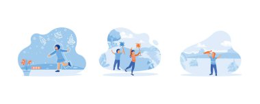 Çocuk konsepti. Çocukların hayal gücü. Yel değirmenleriyle oynuyorlar. Oğlanın pilot olma hayali. Düz vektör modern illüstrasyonunu ayarla