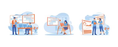 Yazılım geliştiricisi konsepti. Elektronik geliştirme mühendisi yeni projeyi gösteriyor. Yazılım geliştirmek için kod yaz. Düz vektör modern illüstrasyonunu ayarla