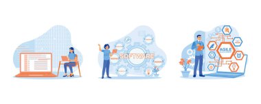 Yazılım geliştiricisi konsepti. Onlar yazılım üzerinde programlar geliştiriyorlar. Bilgisayar uzmanları yazılım geliştirir ve iş süreçlerini otomatikleştirirler. Düz vektör modern illüstrasyonunu ayarla