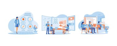 APP kavramı yok eder. Mobil uygulamalar için UI ve UX tasarımları geliştirin. Beyin fırtınası UI ve UX tasarımı. Üst düzey geliştirme ekibiyle konuşun. Düz vektör modern illüstrasyonunu ayarla