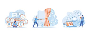 İşadamı dijital pazarlama kavramı yaratmak için dizüstü bilgisayar kullanıyor. Ekranda iş konsepti simgeleri görünüyor. Pazarlama ekibi e-posta ve SMS pazarlama kavramları kullanır. Pazarlama konsepti. Düz vektör modern illüstrasyonunu ayarla