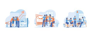 Ofiste duran ve birbirlerinin elini tutan iş adamları. Birbirinize beşlik çakın ve birbirinizi cesaretlendirin. İş ekibi yeni projeleri tartışıyor ve fikir alışverişinde bulunuyor. Takım çalışması toplantısı konsepti. Düz vektör modern illüstrasyonunu ayarla