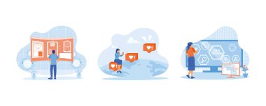 UI / UX tasarımcıları ofiste web siteleri geliştirirler. Cep telefonunda Instagram telgrafı yazan genç bir kadın. İş, teknoloji, internet ve ağ konsepti. Web tasarım konsepti. Düz vektör modern illüstrasyonunu ayarla