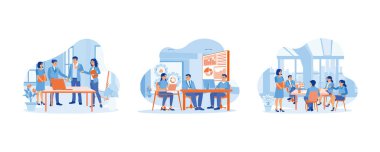 Dizüstü bilgisayar kullanan çeşitli iş adamları. İş arkadaşlarıyla iş görüşmesini yöneten iş kadını. Birlikte çalışın ve toplantılarda birbirinizle tartışın. İş yerindeki iş adamları konsepti. Düz vektörü modern ayarla