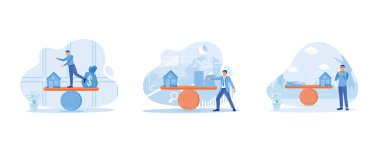 Ev Modeli Dengesi Dengesi Konsepti. Ev modelinin dengesi ve çuvaldaki para. Küçük bir ev modeli ve tahterevallinin üzerinde bir yığın bozuk para. Düz vektör modern illüstrasyonunu ayarla