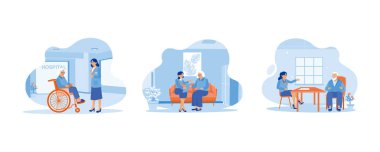 Yaşlı hasta konsepti. Doktor tekerlekli sandalyedeki yaşlı bir hastayla ilgileniyor. Doktor muayenenin sonuçlarını hastaya gösterir. Kıdemli danışman doktor düz vektör çizimi modern illüstrasyon