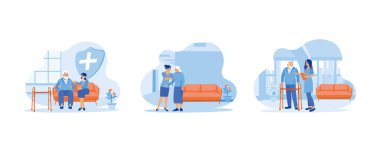 Yaşlı hasta konsepti. Hemşire yaşlı hastayı muayene ediyor. Yürüme egzersizleri yapan yaşlı hastalara yardım ediyorlar. Yaşlı bir erkek hasta bastonla yürüme alıştırması yapıyor. Düz vektör modern illüstrasyonunu ayarla