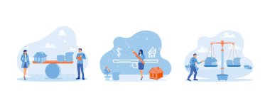 Ev Modeli Dengesi Dengesi Konsepti. Ev modeli ve inşaat maliyetleri arasındaki denge. Para ikonu ve ev terazisi gemide. Ev mal varlığı piyasalarını ve para dengelerini korur. Düz vektör modern illüstrasyonunu ayarla