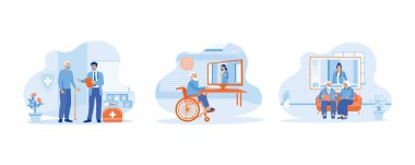 Yaşlı hasta konsepti. Maske takan yaşlı bir hasta. Kıdemli danışman çevrimiçi. Kadın bir doktorla sağlık konusunda görüş alışverişinde bulunmak. Düz vektör modern illüstrasyonunu ayarla