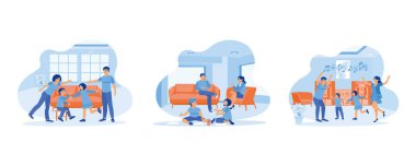 Bir çift mutlu, komik ebeveyn konsepti. Mutlu ebeveynler birlikte oynuyor. Erkek ve kız kardeş evin zemininde birlikte çekiliyorlar. Ailenle müzik çal. Düz vektör modern illüstrasyonunu ayarla