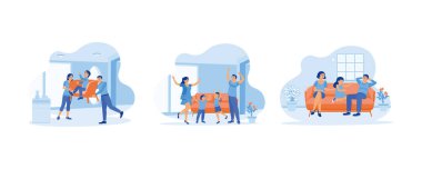 Bir çift mutlu, komik ebeveyn kavramı. Küçük bir aile yeni bir eve taşınır. Annem ve babamla mutluyum. Birlikte oturan küçük mutlu bir aile. Düz vektör modern illüstrasyonunu ayarla