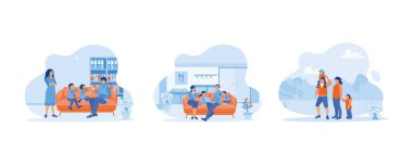 Bir çift mutlu, komik ebeveyn kavramı. Babam çocuklarının fotoğraflarını çekiyor. Aile kanepede birlikte oturuyor. Birlikte bir hafta sonu kaçamağının tadını çıkarın. Düz vektör modern illüstrasyonunu ayarla