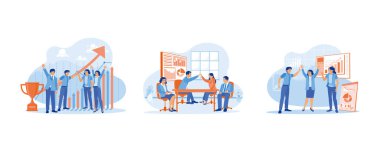 Başarı ve mutluluk takım çalışması konsepti. Ortak başarı. İş adamı ve iş arkadaşları beşlik çakıyor. Müdür her iki asistana da beşlik çaktı. Düz vektör modern illüstrasyonunu ayarla