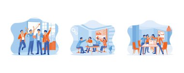 Kutlama konsepti. Birbirinizin elini kaldırın ve alkışlayın. İş adamı ve iş arkadaşları ayakta ve beşlik çakıyor. Düz vektör modern illüstrasyonunu ayarla