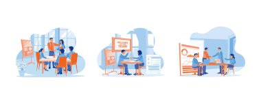 Yeni çalışan konsepti. Yeni çalışanları tanıtıyorum. Takımımıza hoş geldin. Meslektaşlarını tebrik et. Düz vektör modern illüstrasyonunu ayarla