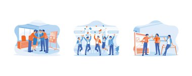 Kutlama konsepti. İş ekibi ayakta duruyor ve birbirine dokunuyor. Pazarlama ekibi iş zaferini kutluyor. Beyaz tahtanın yanında duran mutlu genç iş adamı. Düz vektör modern illüstrasyonunu ayarla