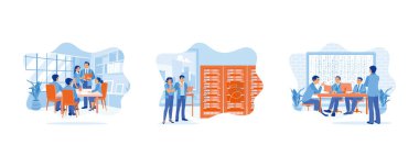 Bilgi kavramını tartışın. İş fikirlerini tartışırız. Sunucu rafları olan bir veri merkezinde duruyor. Yapay zeka programcıları ve yazılım geliştirme ekibi beyin fırtınası yapıyor. Düz vektör modern illüstrasyonunu ayarla