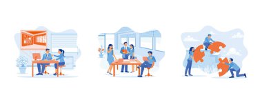 Çalışan Yapım konsepti. Bir iç dizayn oluştur. Fikir alışverişinde bulun. Bulmacayı doğru çözün. Düz vektör modern illüstrasyonunu ayarla