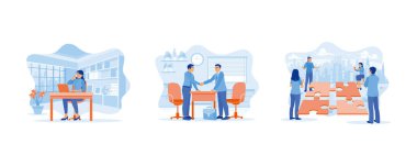 Çalışan Yapım konsepti. Müşterilerle telefon görüşmesi yap. Girişimciler ortaklık kuruyor. Tartışın ve başarılı yeni projeler oluşturun. Düz vektör modern illüstrasyonunu ayarla