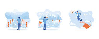 Kariyer geliştirme konsepti. Genç işadamı başlangıç çizgisinde duruyor. Yolun başında durmuş, iş zorluklarına bakıyorsun. Erkek işadamı yıldızlar için uçuyor. Düz vektör modern illüstrasyonunu ayarla